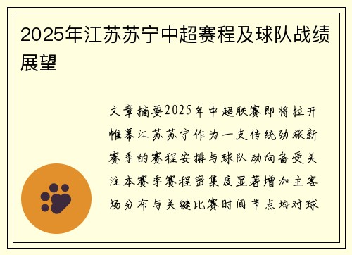 2025年江苏苏宁中超赛程及球队战绩展望