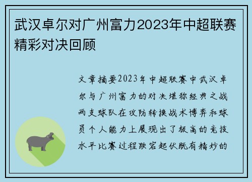 武汉卓尔对广州富力2023年中超联赛精彩对决回顾